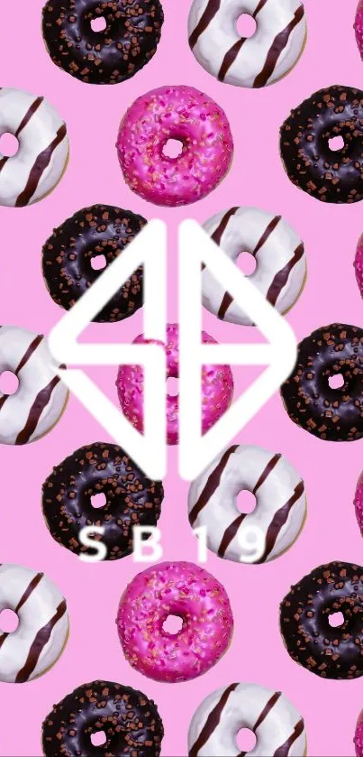 Playful mobile wallpaper with donuts on pink background.