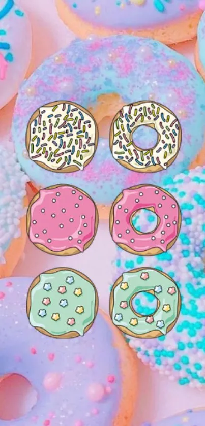 Pastel donuts pattern wallpaper with sprinkles and colorful icing.