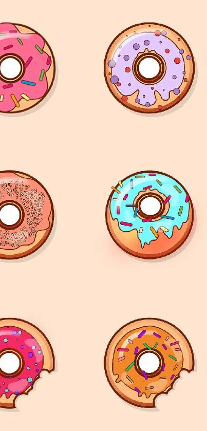 Colorful donut pattern on peach background wallpaper.