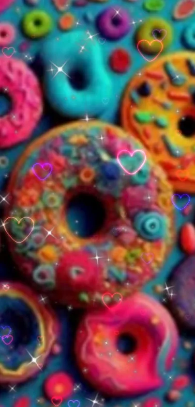 Colorful donuts with sparkles and hearts create a vibrant phone wallpaper.