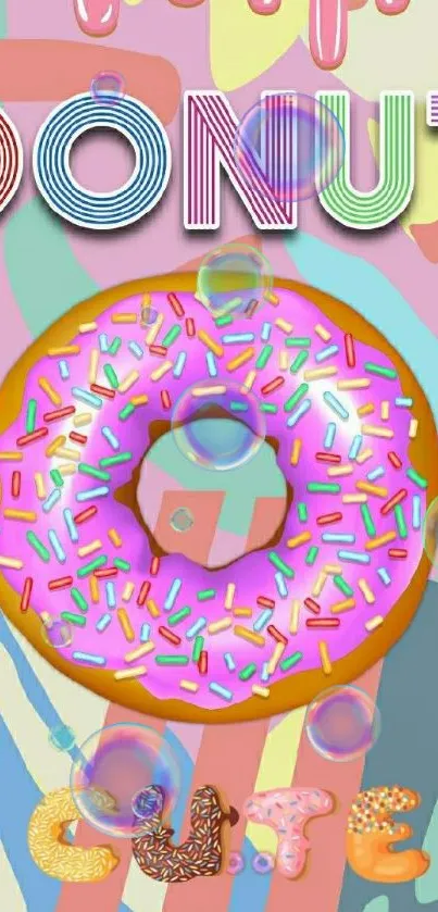 Colorful donut with sprinkles on a pastel background.