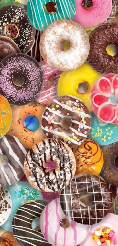 A vibrant wallpaper featuring colorful donuts with various toppings.