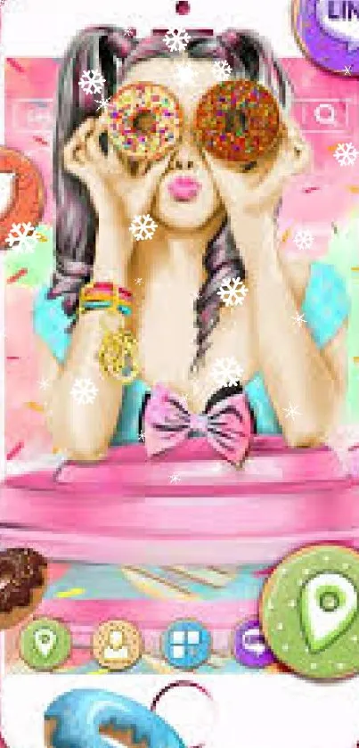 Playful girl holds donuts over eyes with colorful sprinkles background.