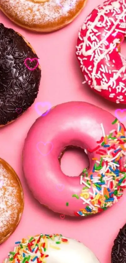 Colorful donuts wallpaper with pink and chocolate designs.