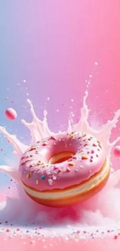 Vibrant pink donut splashing on gradient background.