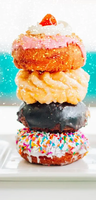 Stack of four colorful donuts with icing and sprinkles on a white plate.