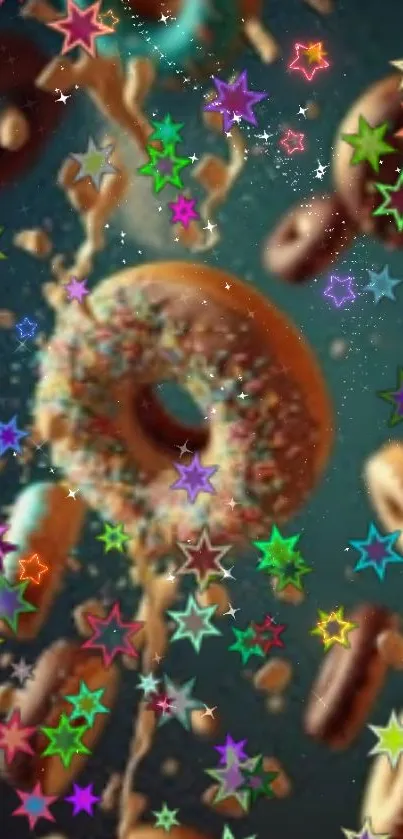 Colorful donuts and stars explode on a teal background.