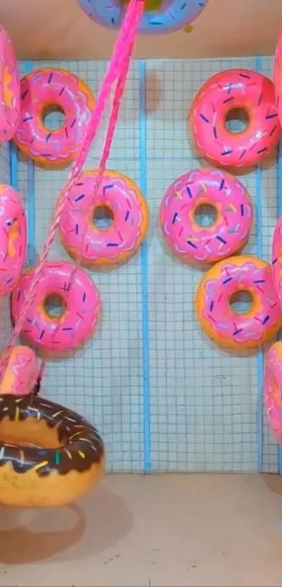 Colorful inflatables resembling donuts in a playful setting.