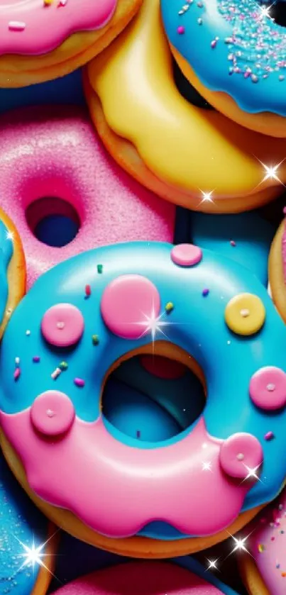 Bright and colorful donuts with sprinkles, perfect for a fun mobile wallpaper.