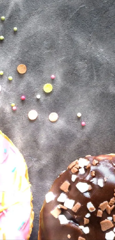 Colorful donuts with sprinkles on a dark background, ideal wallpaper choice.