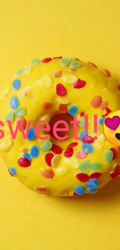 Yellow donut with colorful sprinkles and 'sweet!' text on yellow background.