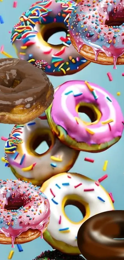 Colorful donuts with sprinkles on a blue background.