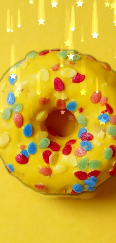 Yellow donut wallpaper with colorful sprinkles.