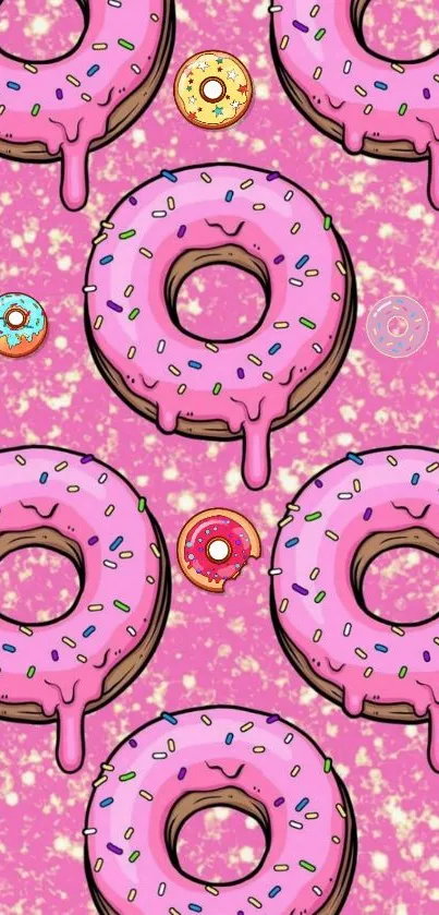 Pink frosted donut wallpaper with sprinkles and colorful design.