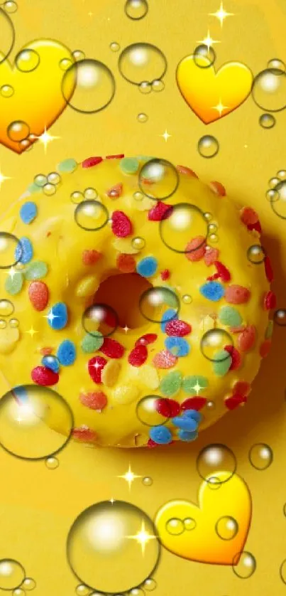 Vibrant donut with sprinkles and bubbles on yellow background.