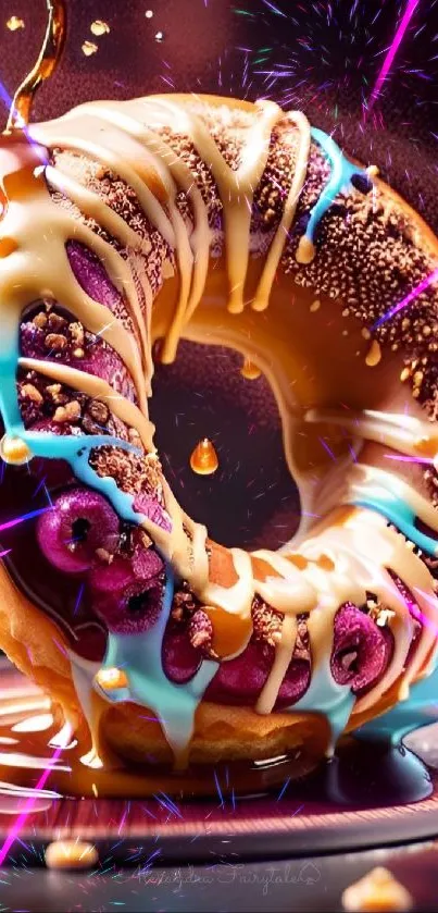 Colorful donut with caramel and blue drips, perfect mobile wallpaper.