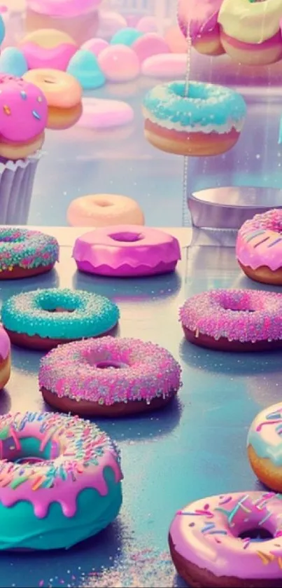 Vibrant pastel donuts with sprinkles on display.