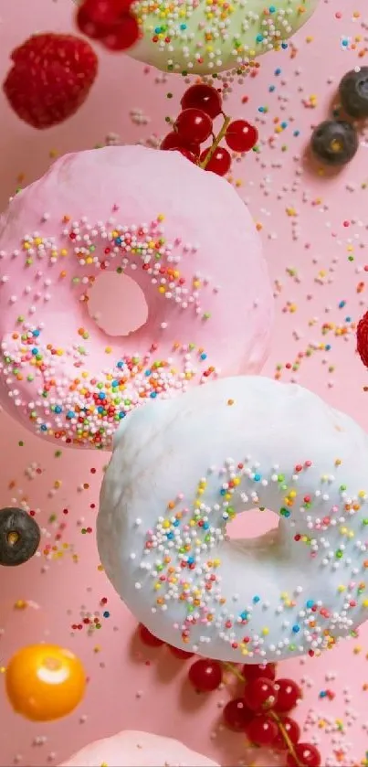 Colorful donuts and berries on a pink background.