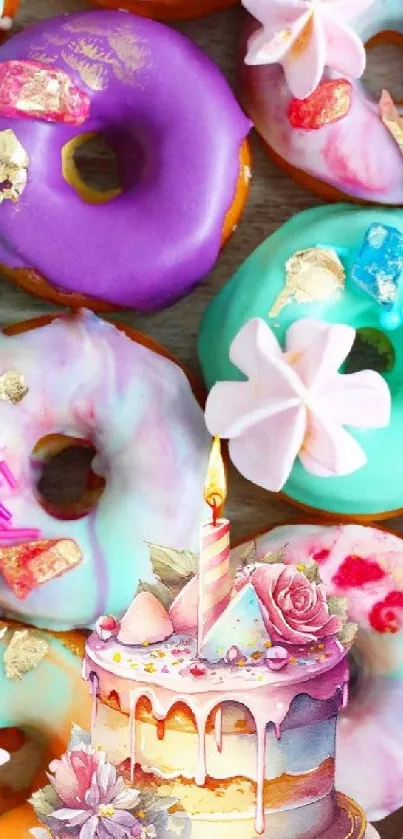 Colorful donuts and decorative cake with vibrant icing and toppings.