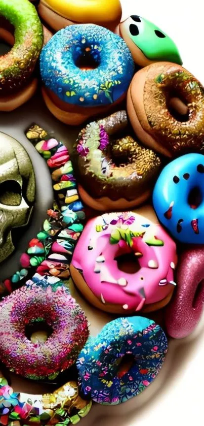 Colorful donuts encircling a skull, vibrant mobile wallpaper art.