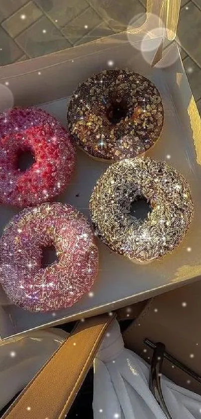 Box of vibrant, sprinkled donuts in sunlight for phone wallpaper.