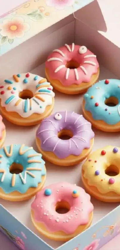 A box of colorful frosted donuts in pastel colors.
