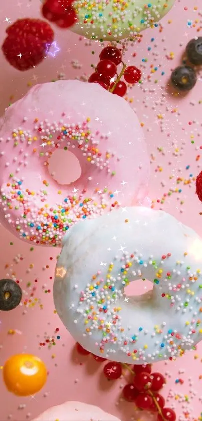 Colorful donuts with sprinkles on a light pink background for a vibrant mobile wallpaper.