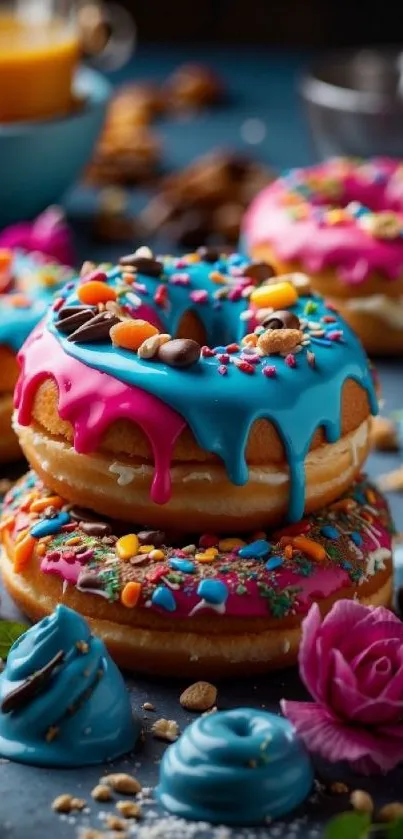 Colorful donuts with vibrant icing and sprinkles on display.