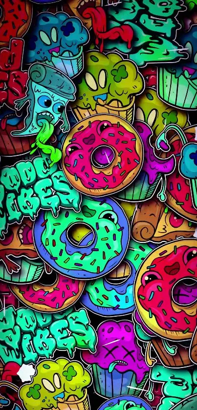 Vibrant doodle wallpaper featuring colorful donuts and graffiti.