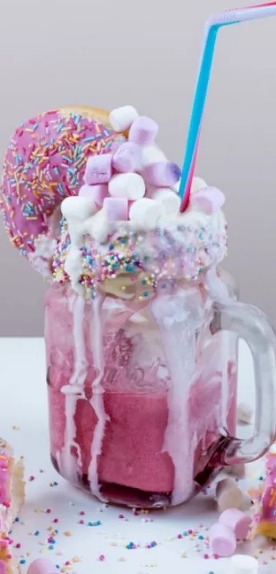 Colorful donut milkshake with marshmallows.