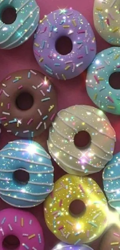 Colorful donuts with a sparkling glitter effect on a pink background.