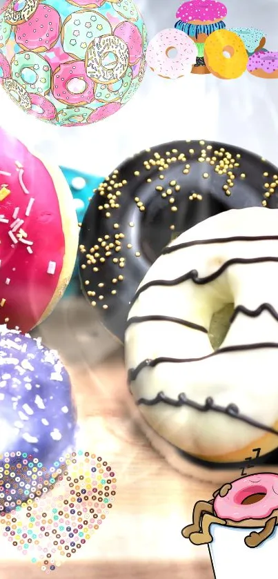 Colorful frosted donuts on a wooden board, vibrant wallpaper.