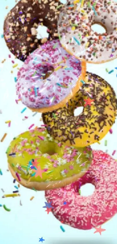 Colorful stack of donuts with sprinkles on a light blue background.