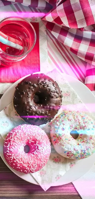 Colorful donuts on a white plate with a wooden table backdrop.