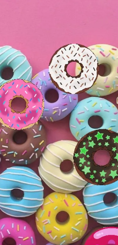 Colorful donuts with sprinkles on a pink background wallpaper.