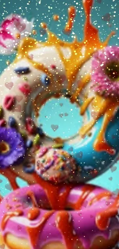 Colorful donut art with flowers and splash on teal background.