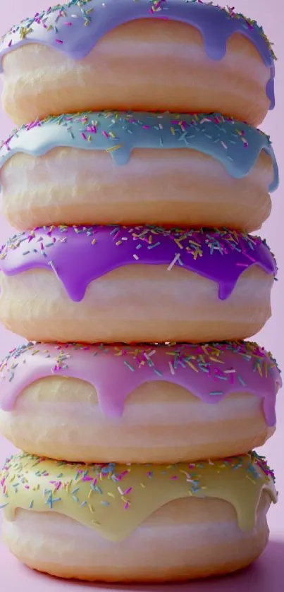 Stack of colorful donuts with pastel icing and sprinkles.