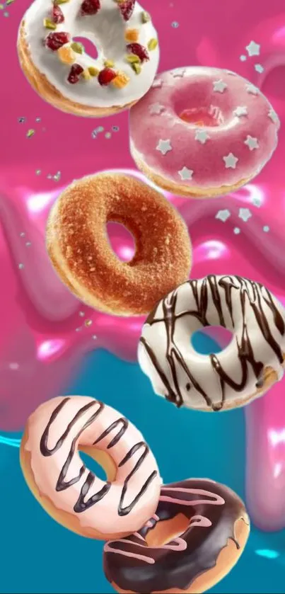 Colorful donut illustration with pink and blue background.