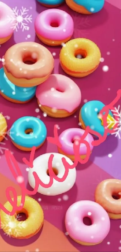 Vibrant colorful donuts wallpaper with pink, blue, and yellow design.
