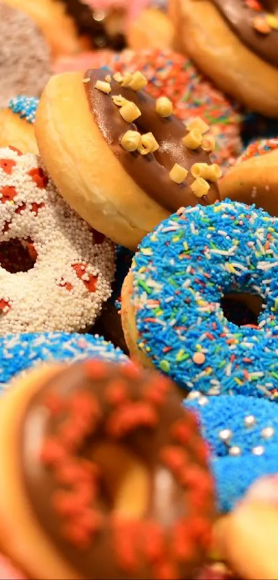 Colorful donuts stacked in a vibrant and sweet arrangement