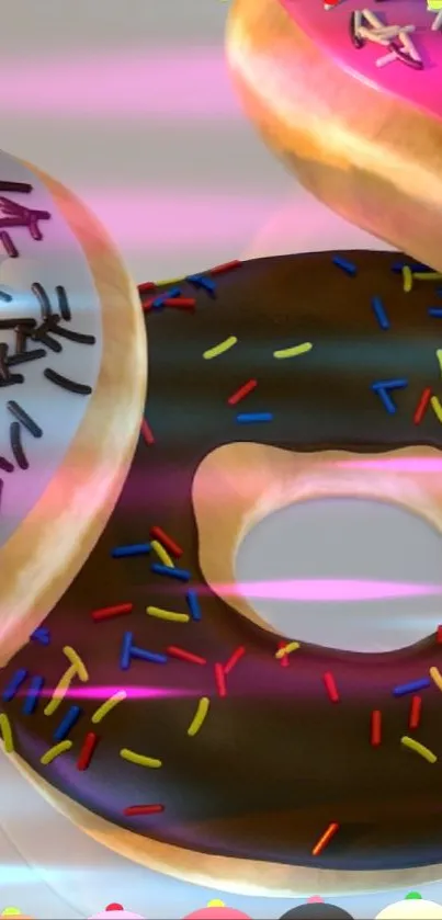 Vibrant wallpaper featuring colorful donuts and sprinkles.