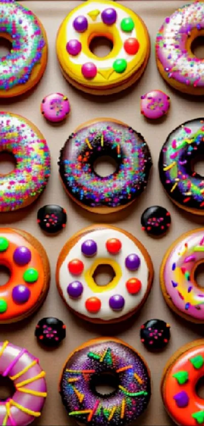 Vibrant tray of colorful donuts with various icing and sprinkles.