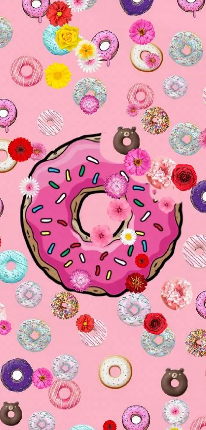 Colorful donut wallpaper with pink background.