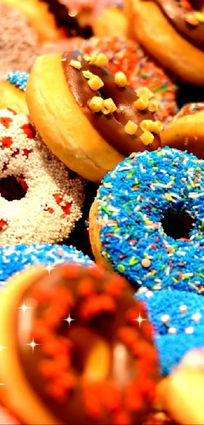 Assorted colorful donuts in a vibrant display.