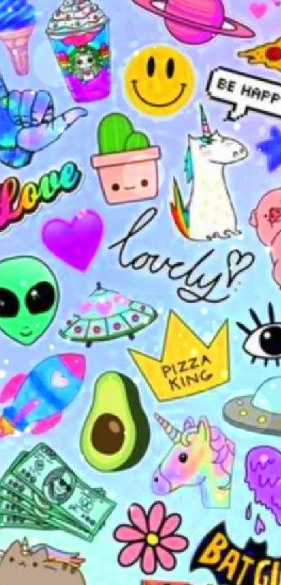 Colorful doodles with unicorn, pizza, alien on blue background.