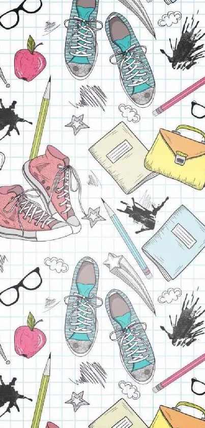 School-themed doodle wallpaper with sneakers and stationery.