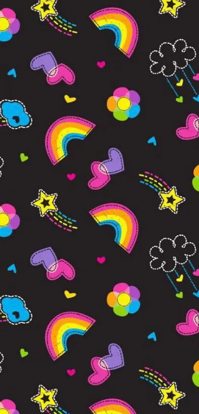 Colorful doodles with rainbows, hearts, and stars on a black mobile wallpaper.