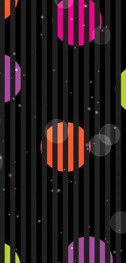 Mobile wallpaper with colorful dots on black stripes.