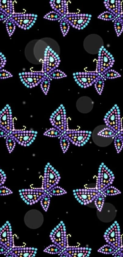 Mobile wallpaper with colorful dotted butterflies on a black background.