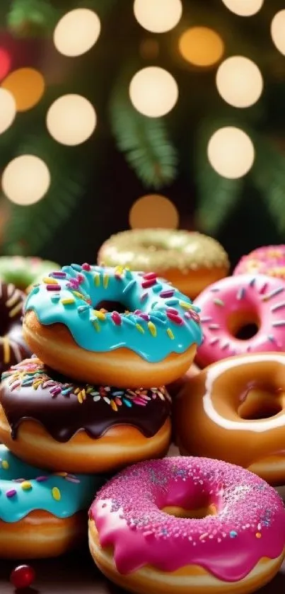 A vibrant stack of colorful donuts in front of festive bokeh lights.
